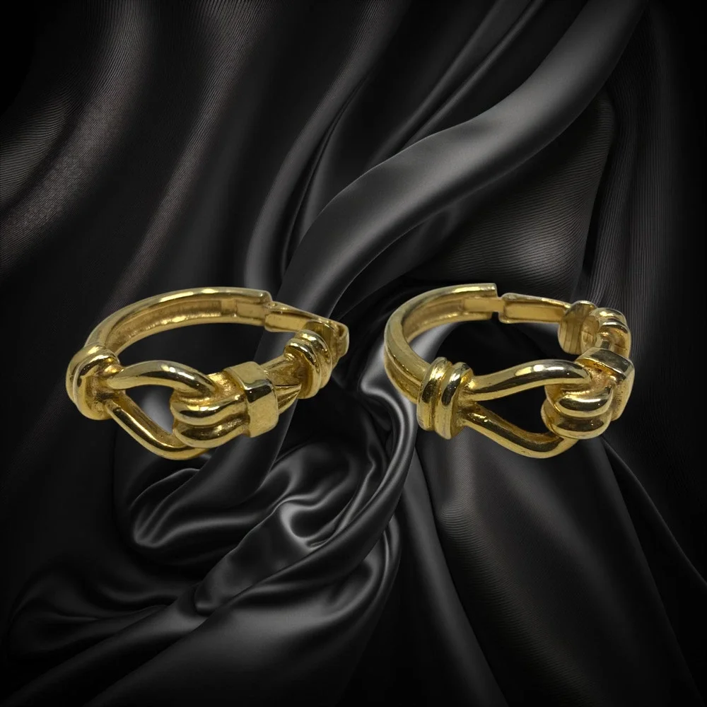 Vintage 1980's Kenneth Jay Lane Knot Hoop Gold Tone Leverback Earrings Modernist - Picture 2 of 6